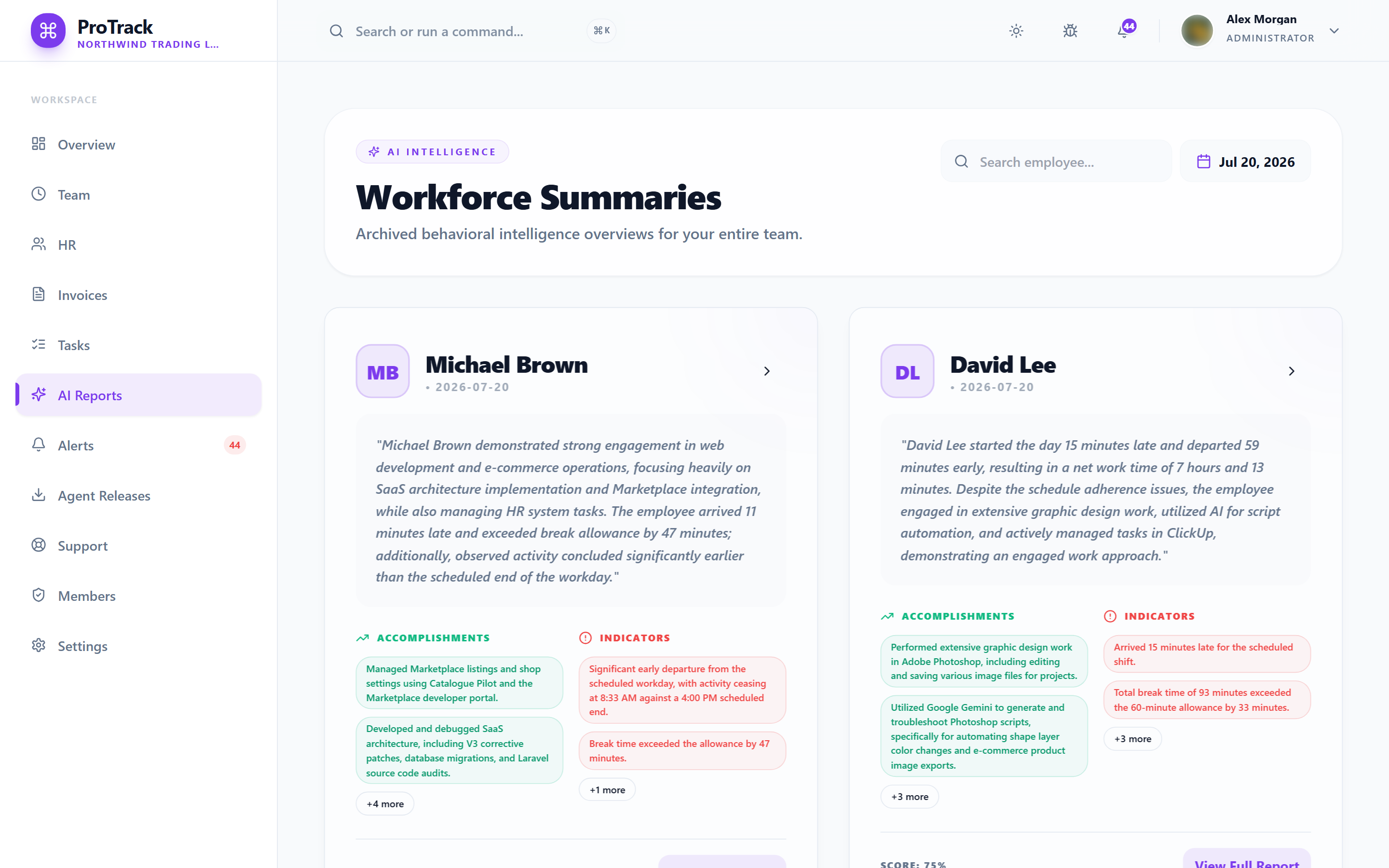 ProTrack employee day-end reports with populated summaries