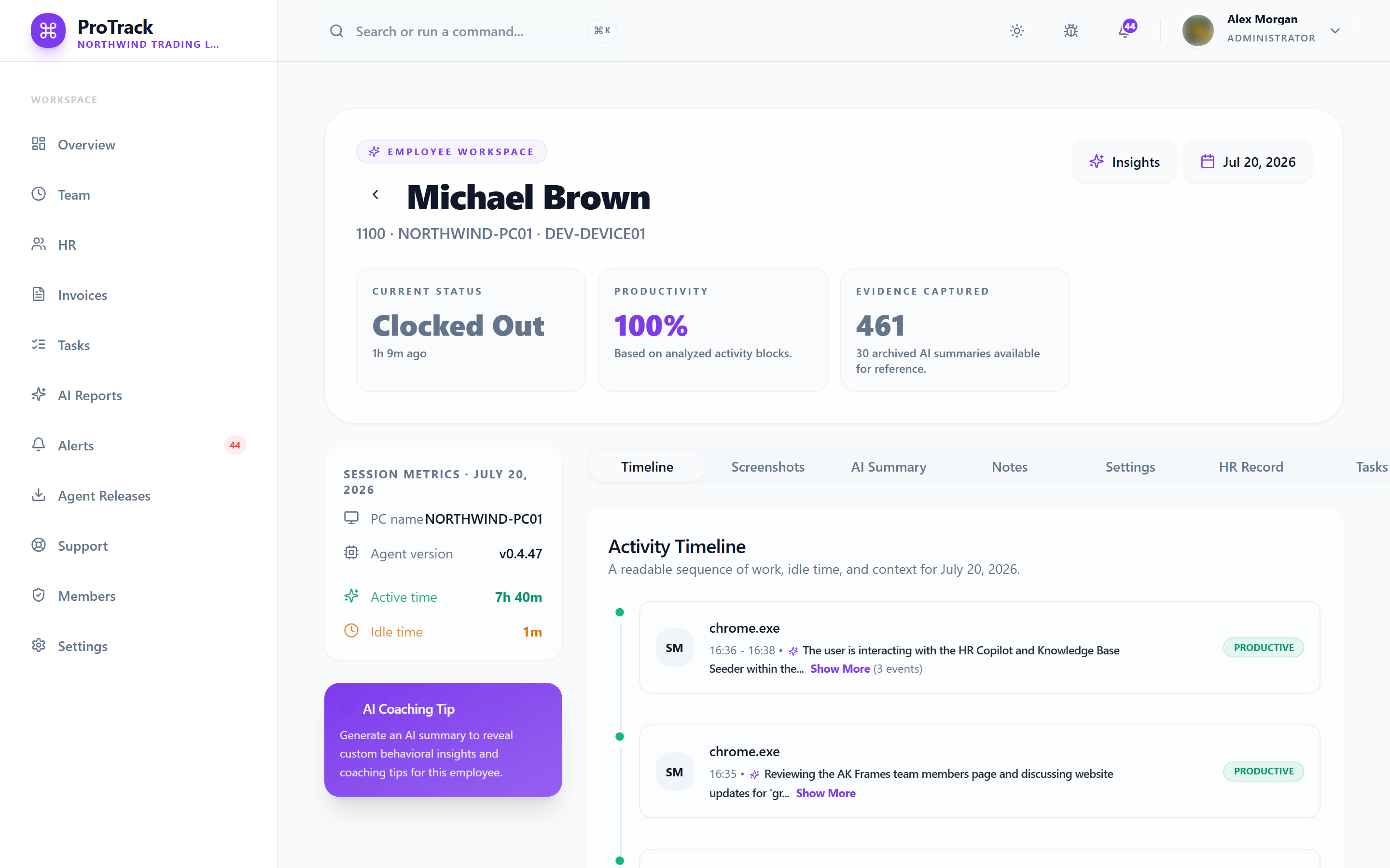 The real ProTrack employee activity timeline with populated demo data